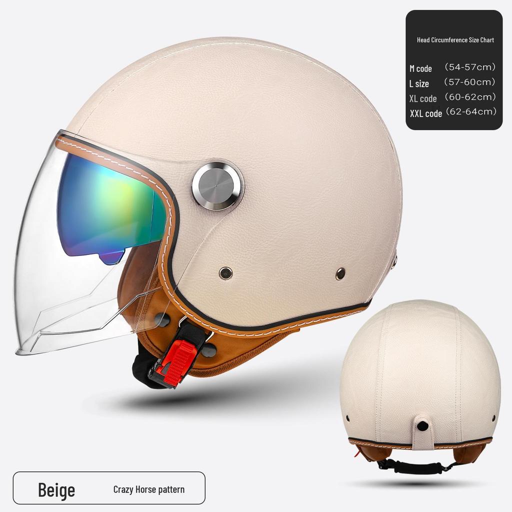 3C Certified Retro Leather Electric Motorcycle Helmet with Dual Visor – Unisex, Warm for Autumn/Winter