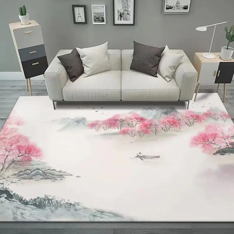 Pink Peach Blossom Ink Landscape Rug, Elegant Chinese-Style Home Decor Carpet with Poetic Mountain-Water Charm for Living Space