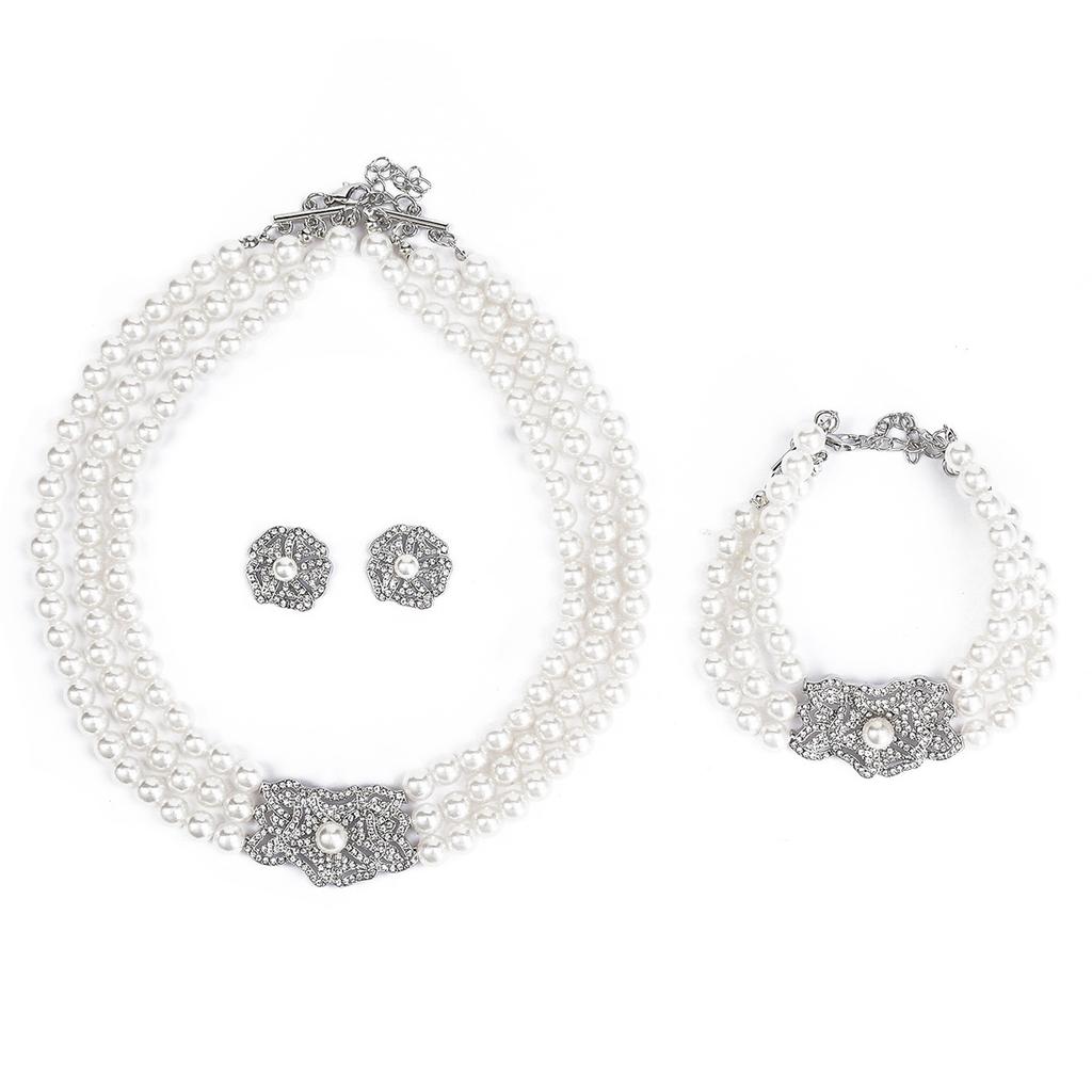 European and American New Pearl Crystal Necklace Earrings Bracelet Three-piece Set, Bridal Dress Party Accessories