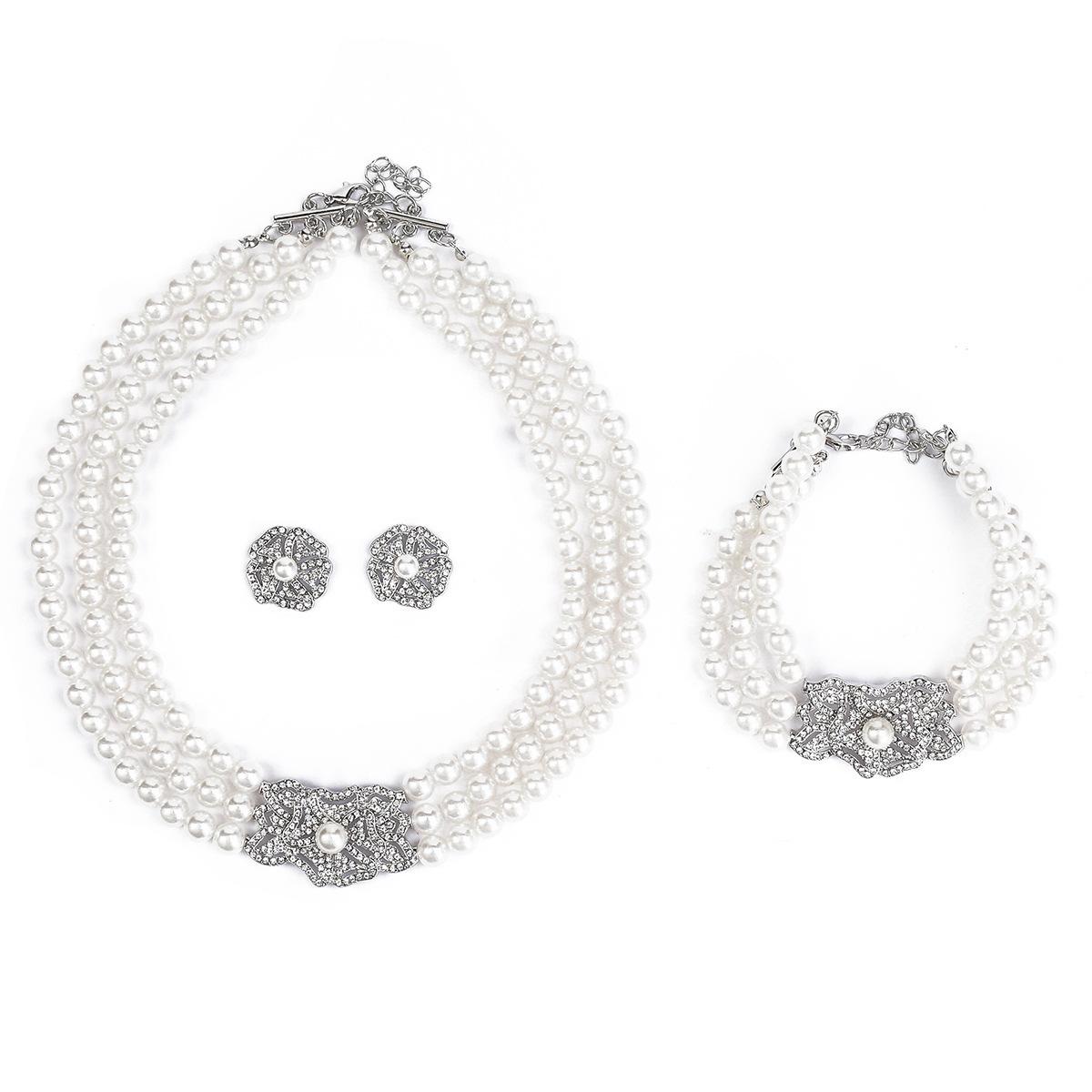 Multilayer Rhinestone Flower Imitation Pearl Beaded Choker Necklace Bracelet  Stud Earrings Jewelry Party Gift белый