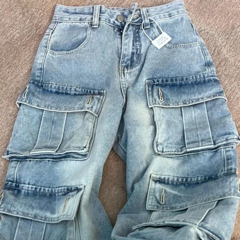 American Retro Multi-pocket Jeans Women Plus Size Street Vibe High Waist Wide Leg Casual Straight Pants Tide