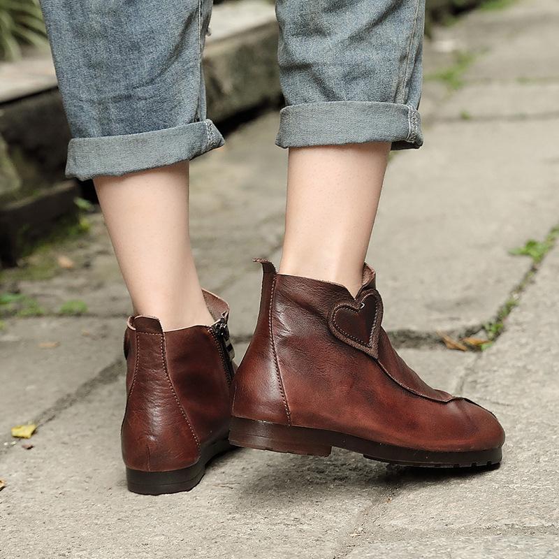 Single Boots Women's Autumn and Winter New First-layer Cowhide Women's Boots Soft Heart-shaped Hand-spliced Flat Bottom