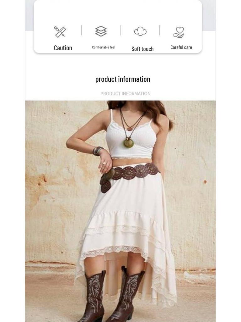 2026 Bohemian Style Printed Waist-Cinched Retro Short Skirt with Elegant Long Lace Design