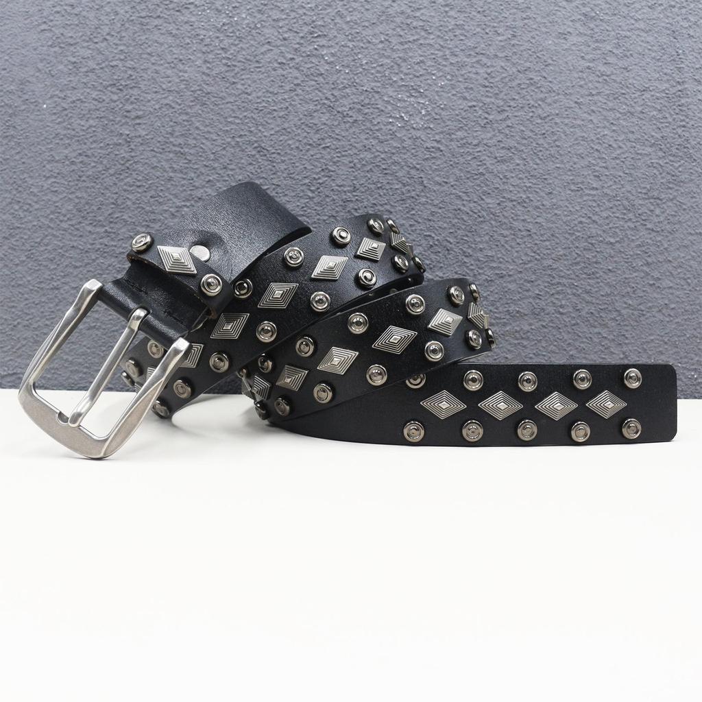 Genuine Cowhide Western Rivet Leather Belt with Diamond Gothic Accessories - Y2K Style