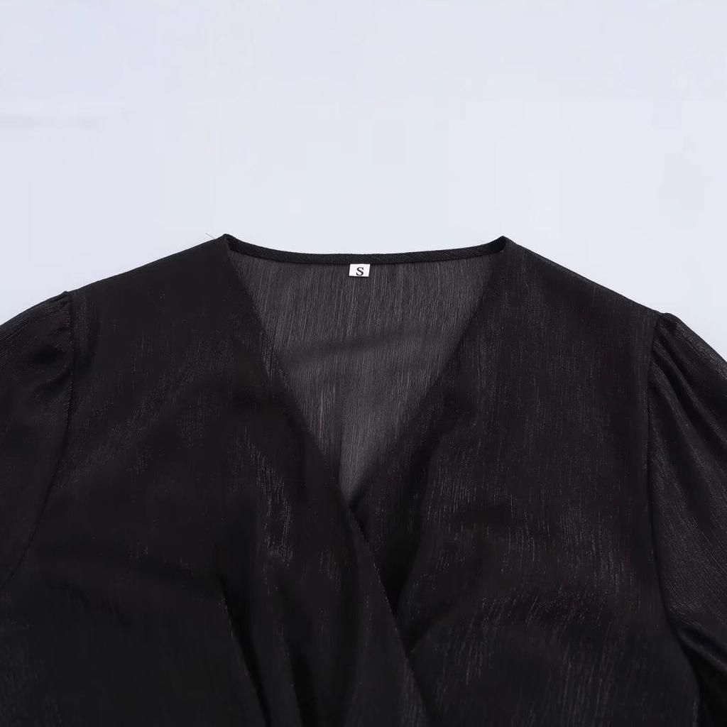 2025 Spring Women's Casual Chiffon V-Neck Long Dress with Gold & Silver Thread