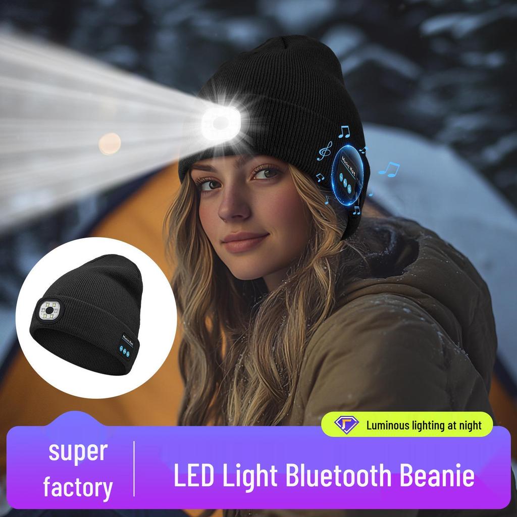 Luminous LED Headlamp Music Hat with Wireless Bluetooth Earphones for Night Running & Fishing