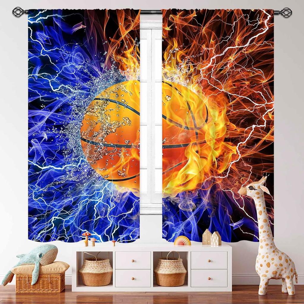 Basketball Curtains Teens Ball Sports Blue Red Flame Match Game Teen Boys Kids Bedroom Living Room Playroom Nursery Curtain For Sitting Polyester