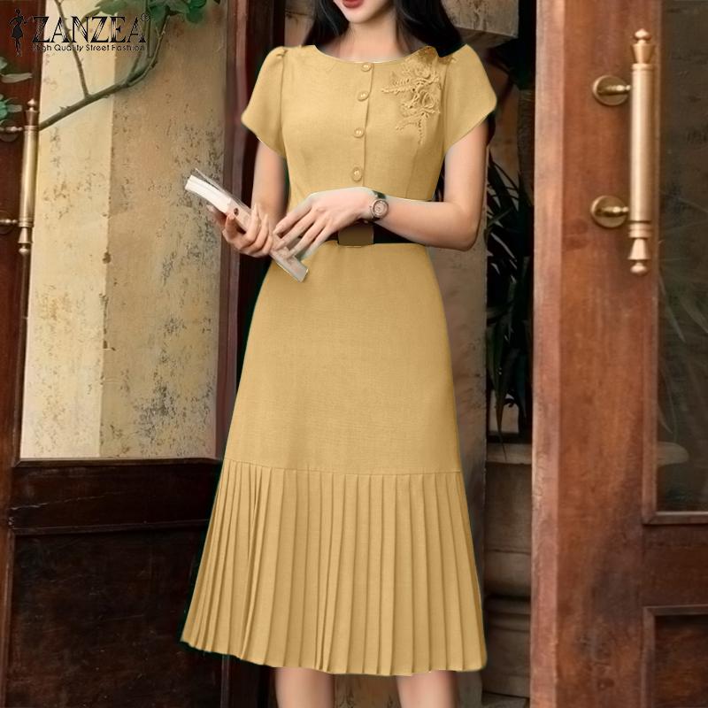 ZANZEA Damen Lässig Blumenstickerei Patchwork Sommer Kurzarmkleid