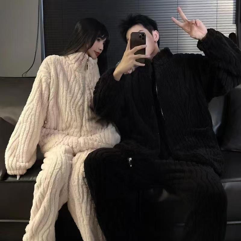 Polka Dot Coral Fleece Couple Pajamas Set Winter Zipper Flannel Men'S Loose Casual Loungewear Girls