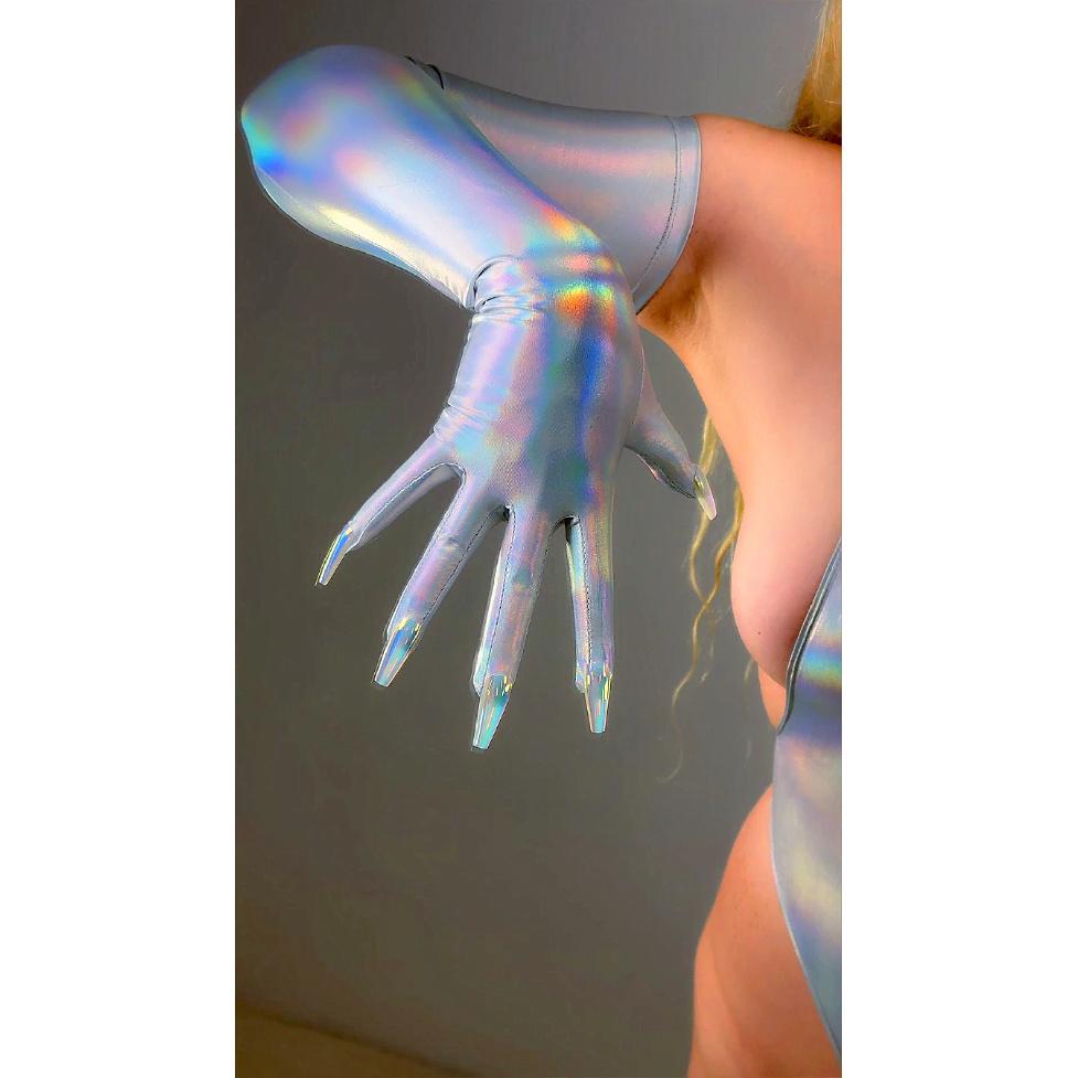 HOLOGRAPHIC Laser NAIL GLOVES Metallic Shiny Blue Touchscreen 70CM Long TECH Thin Elastic Holo Evening Party Glove with Nails