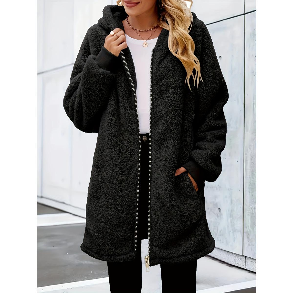 

Women s Fashion Solid Color Warm Fuzzy Coat for Fall and Winter S чёрный