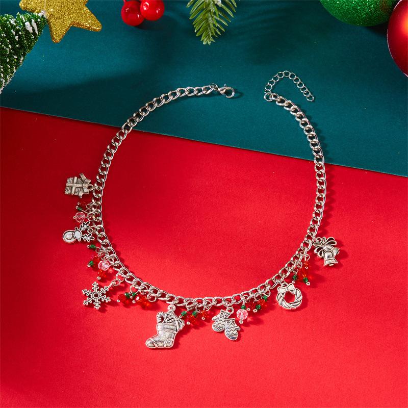 Fashion Christmas Metal Chain Necklace for Women Crystal Zircon Elk Santa Claus Snowman Bell Xmas Tree Pendant Choker Jewelry