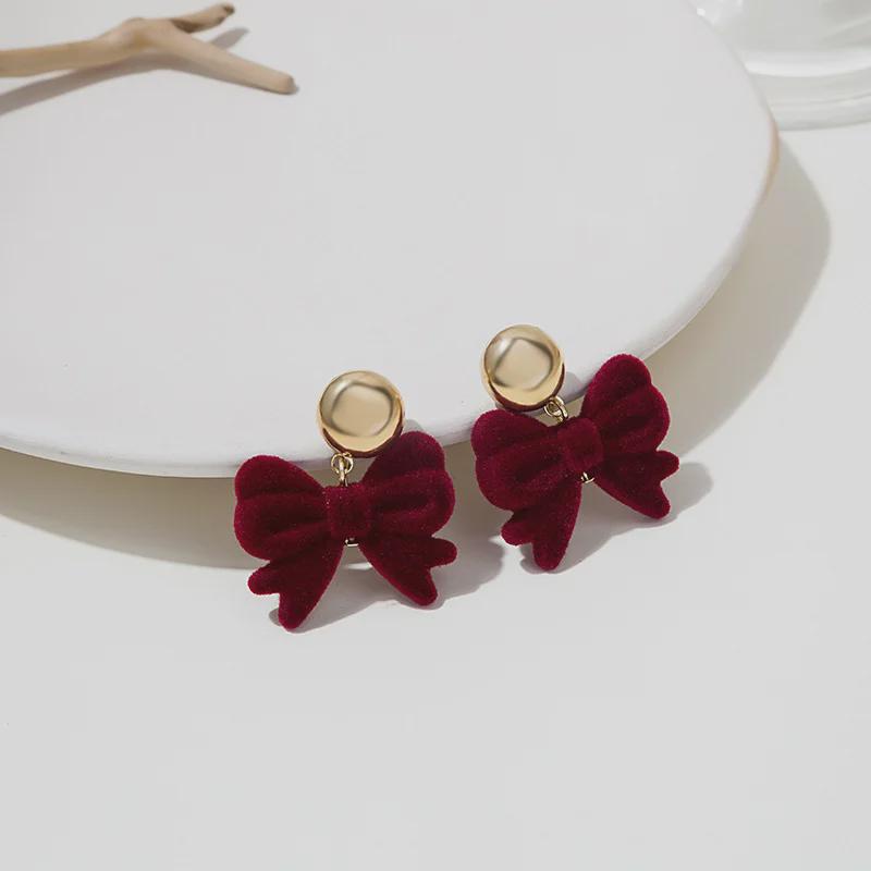 Wine Red Velvet Bow Earrings - Japanese & Korean Retro Furry Design for Autumn/Winter