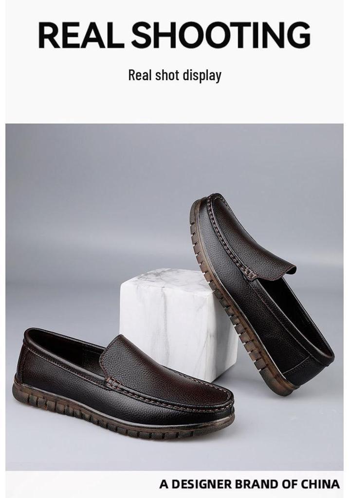 Men's Large Size Genuine Leather Casual Shoes - Non-Slip Thick Sole, Wear-Resistant, Ideal for Middle-Aged Wearers.