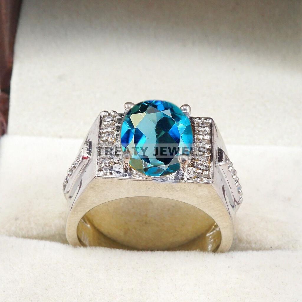 London Blue Topaz Oval Gemstone With 925 Sterling Silver Ring For Men's #B244 JL375676046544