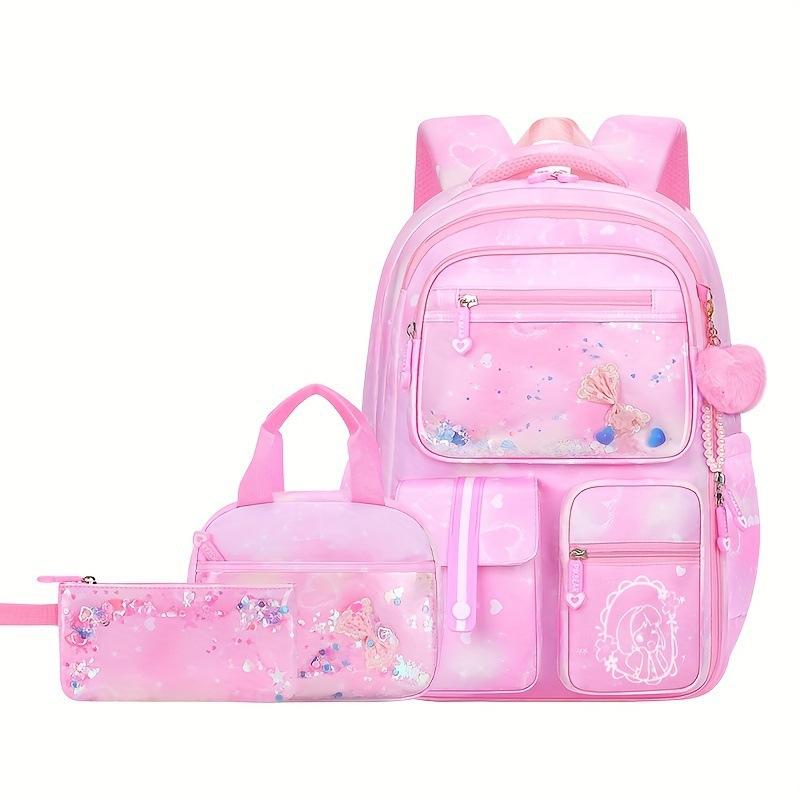 Girls 3Pcs School Backpack Set Sweet Cute Large Capacity Spine Protection Lightweight Children Primary Student Shoulder Bag