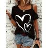 Large Casual Asymmetrical Collar with Heart-shaped Printed Suspender and Elastic Short Sleeves Women's T-shirts