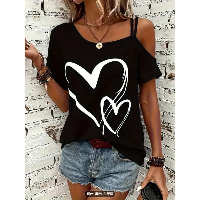 

Большой повседневный асимметричный воротник с принтом подтяжек в форме сердца и эластичными короткими рукавами женские футболки S чёрный