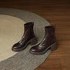 Autumn and Winter Round Head Solid Color Large Size Leather Boots Rear Zipper Middle Heel Round Head Comfortable Square Heel Thick Bottom Non-slip M
