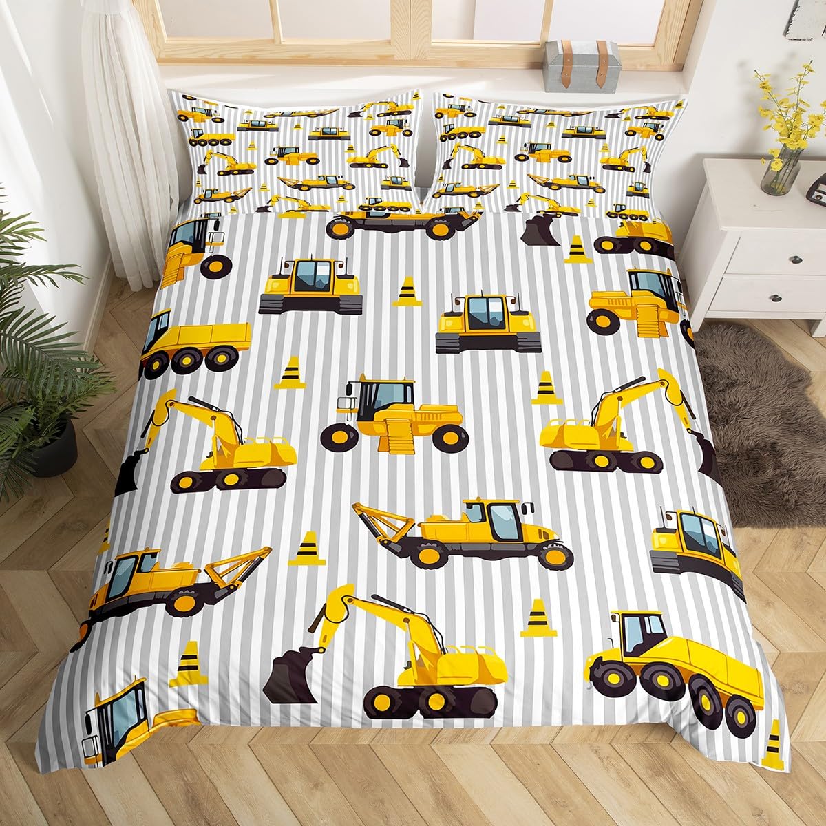 Construction Duvet Cover Set for Kids Teens Queen Lightweight Quilt Covers Under Construction Vehicles Truck Tractor Bedding Set (135x200cm)