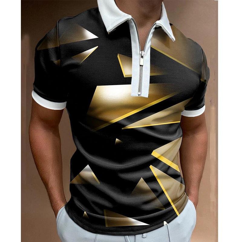 Trendy Short Sleeve Polo, Zipper, Geometric Print for Casual