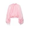 Frühling Sommer Neu Damen Durchsichtiges Ballonärmel Raffung Rüsche Stehkragen Langarm Bluse, Europäischer Amerikanischer Stil Freizeit Lässiges Hemd Top