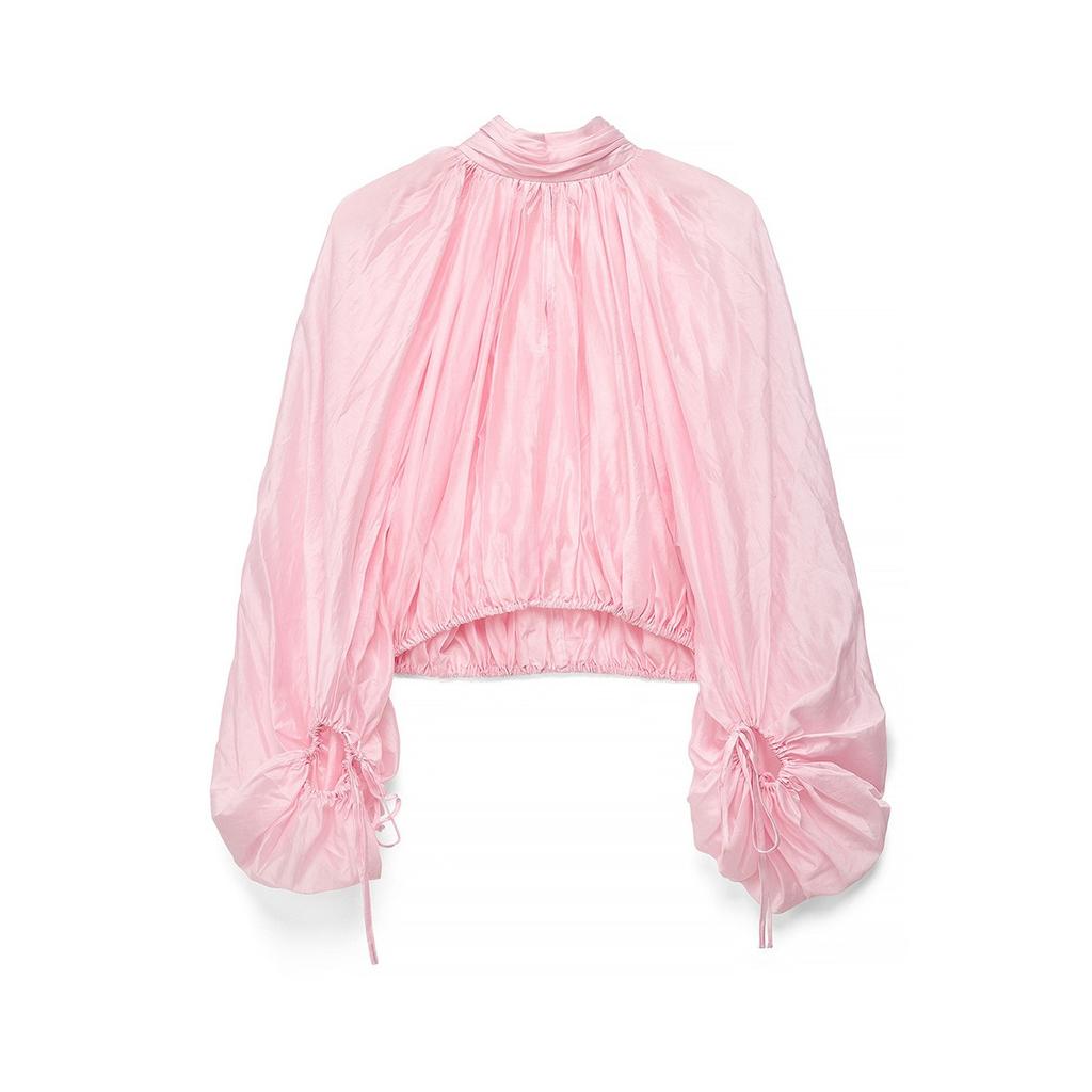 Frühling Sommer Neu Damen Durchsichtiges Ballonärmel Raffung Rüsche Stehkragen Langarm Bluse, Europäischer Amerikanischer Stil Freizeit Lässiges Hemd Top