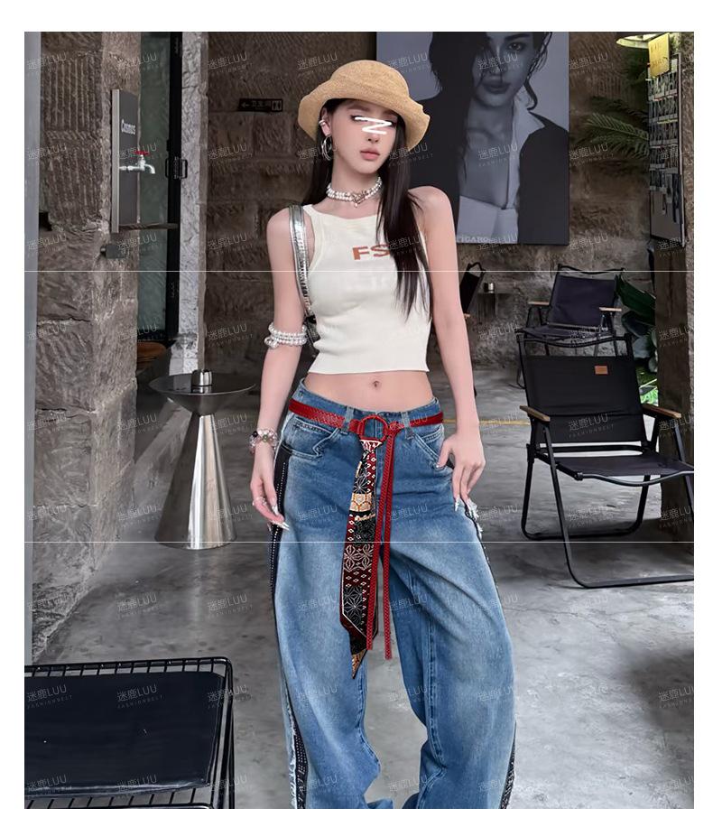 Red Silk Scarf Belt: Women's Retro Accessory for Jeans or Skirt with Double Belt Design.