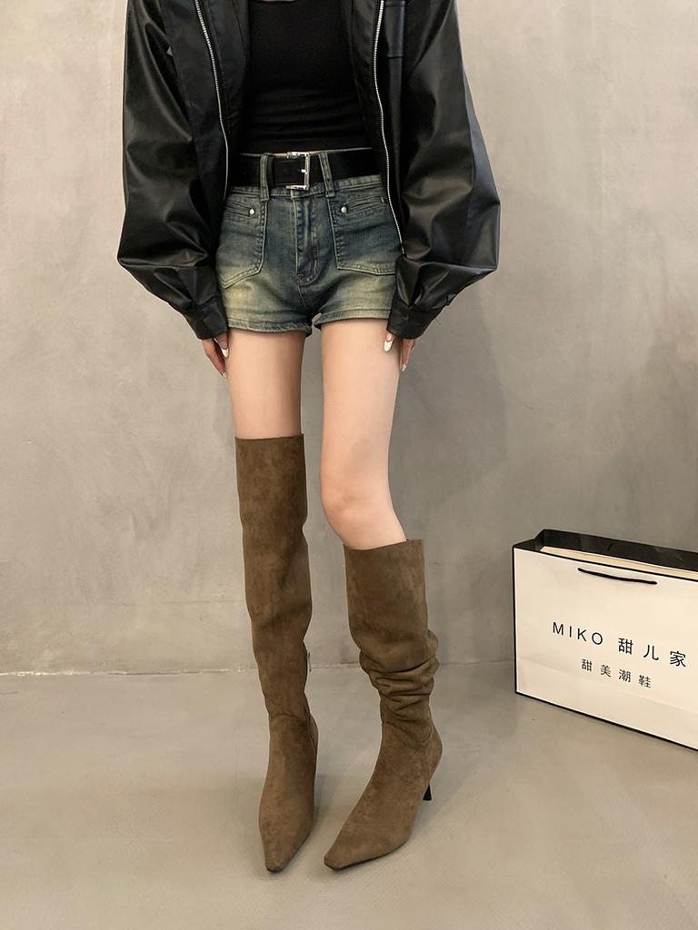 Pointed High Heel Over Knee Boots Women's Autumn French Khaki Fine Heel Pleated Pile Boots Knight Boots