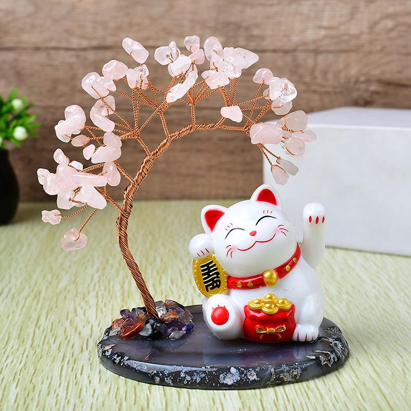 Solar Energy Shake Hands Lucky Cat Base Fate Tree Office Home Natural Crystal Crushed Stone Life Tree Handwoven Weaving Decor