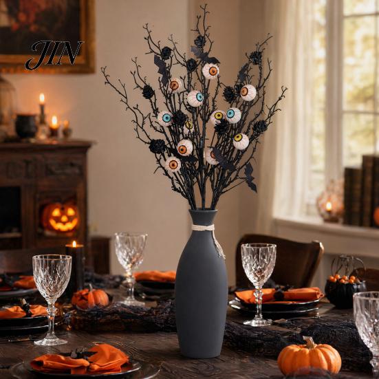Halloween Horror Atmosphere Decor Black Artificial Branches, Scary Eyeballs Picks with Bats Pine Spooky Cones for Gothic Vase Filler, Floral