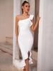 One-Shoulder Ruffle White Evening Gown for Banquet or Party