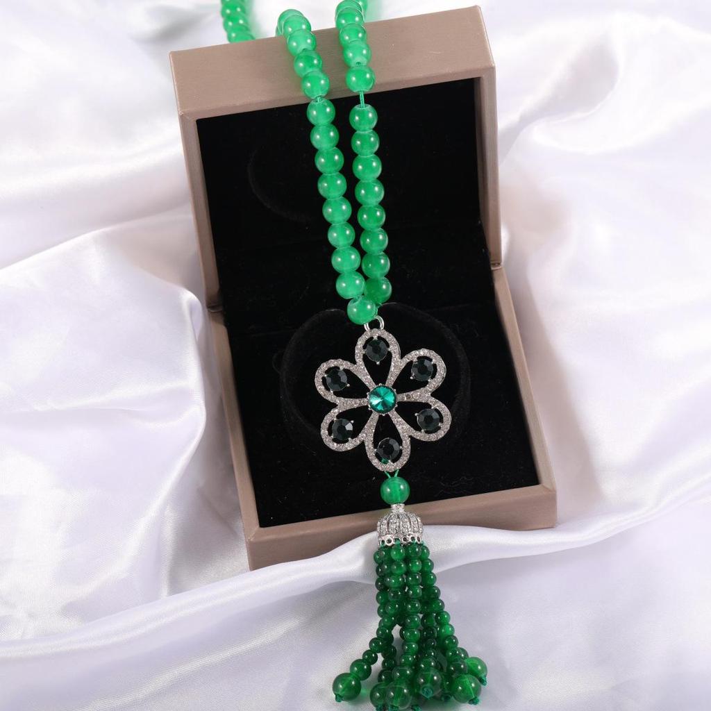 Trendy Green Bead Long Sweater Chain with Tassel Pendant - Light Luxury Necklace