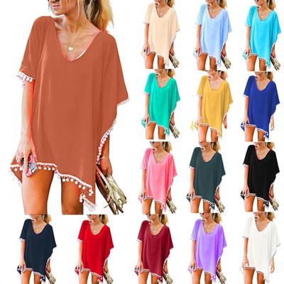 Femei Trim Kaftan șifon ciucuri Costume de baie Beach Loose Bikini Cover Up