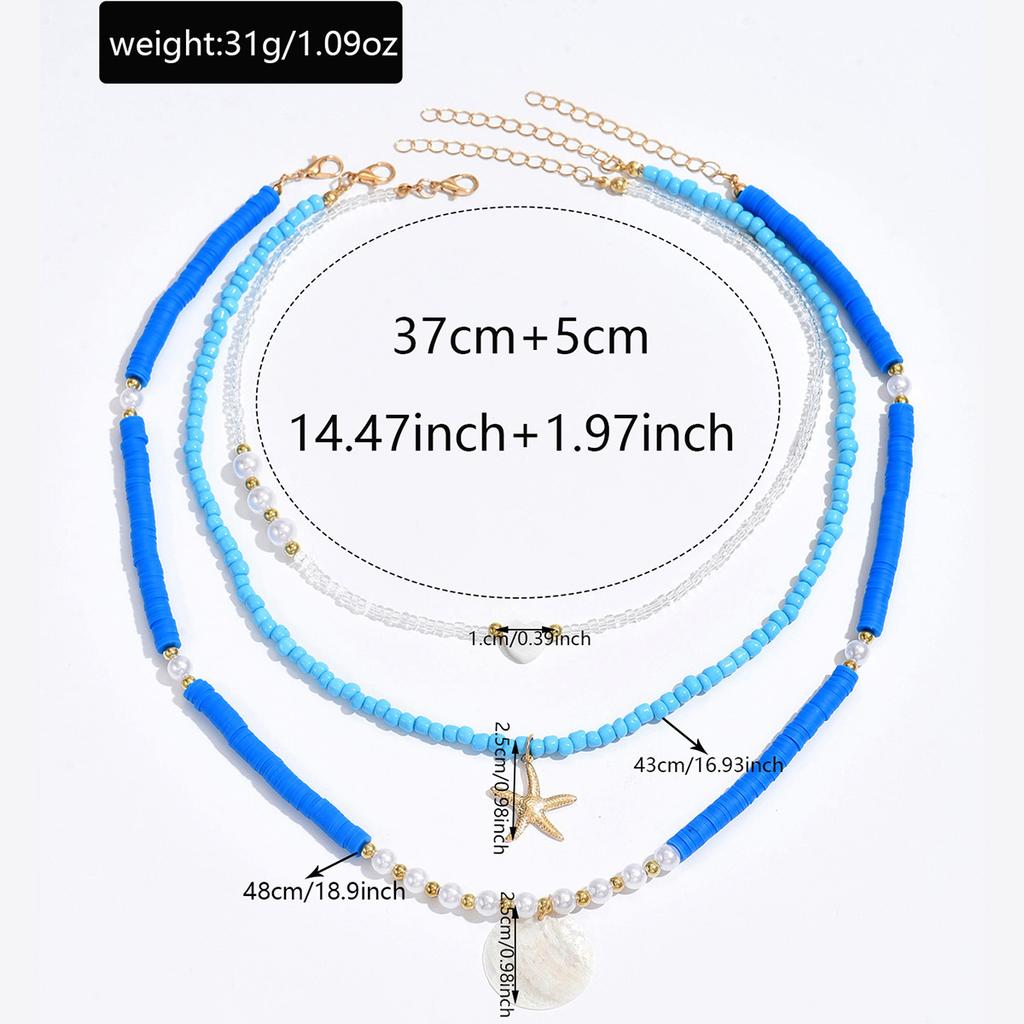 Bohemian Blue Color Rice Seashell Beads Starfish Pendant Necklace for Women Multi-Layer Chain Clavicle Necklace Summer Jewelry