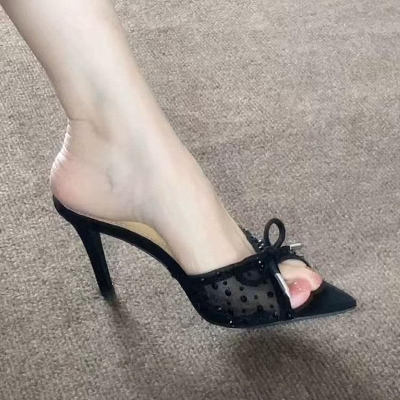 

Bow Pointed Toe Stiletto Heels Women Stiletto Sexy Peep Toe Sandals Outer Wear Sandals 40 чорний