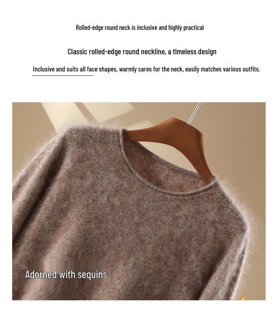 Women's Plus Size Korean Style Marled Yarn Cashmere Wool Sweater - Loose Fit, Brushed, Round Neck