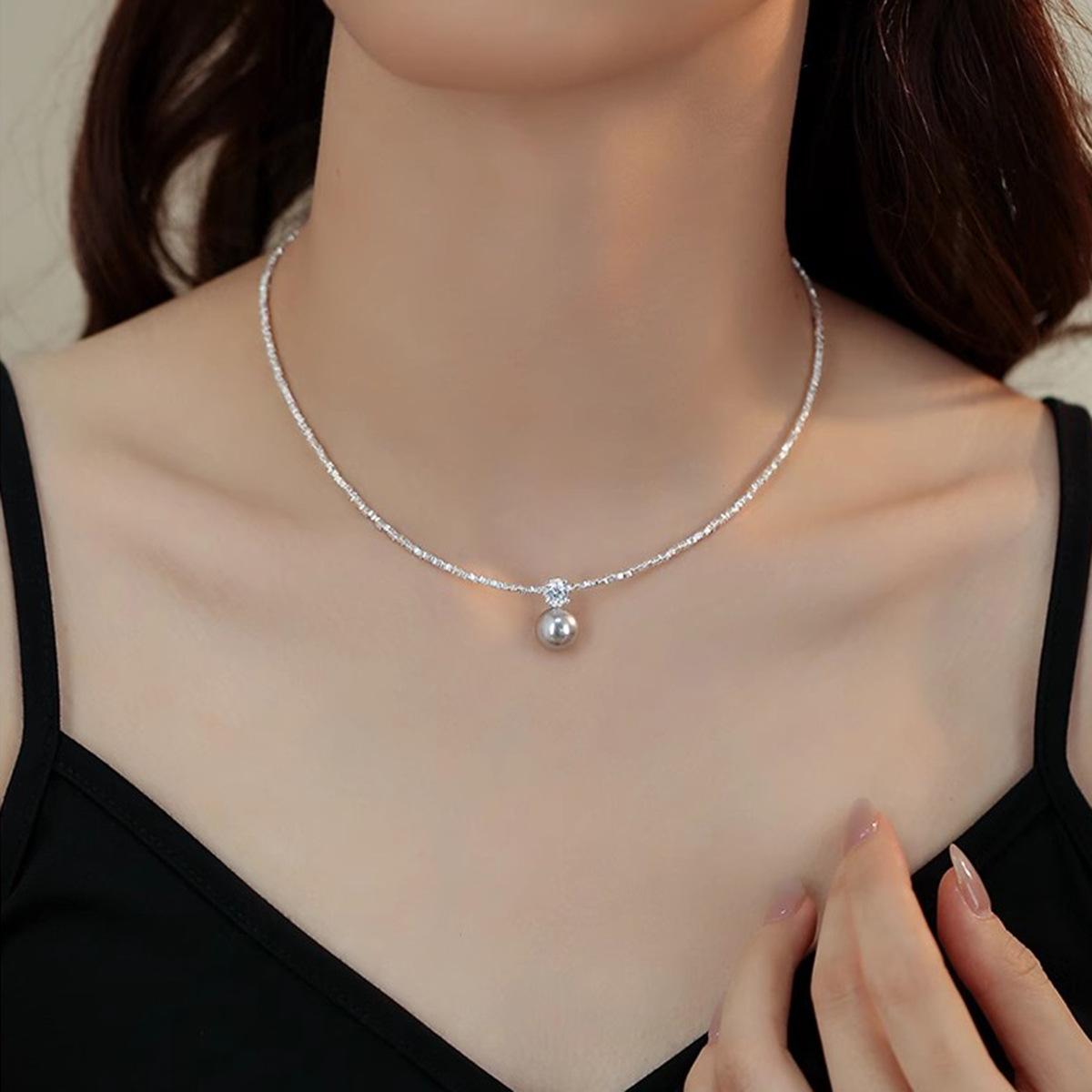 Сломанная серебряная цепочка на ключицу Shijia Zhengyuan с одним жемчужным кулоном, изысканная и простая, блестящая бриллиантовая шейная цепочка, универсальная