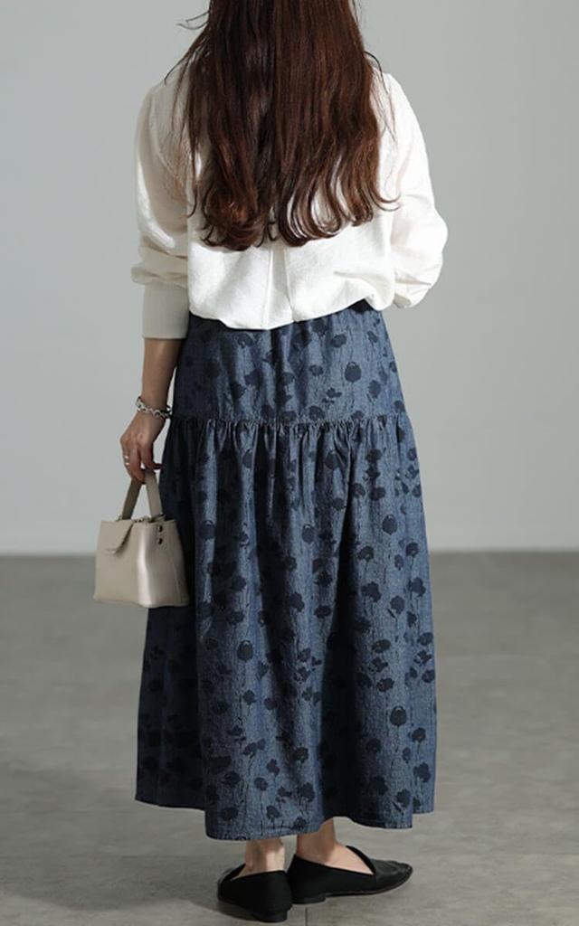 [Gold Japan] Plus Size Women's Skirt Bottoms Long Maxi Tiered Floral Flare Pocket Elastic Waist Spring Summer Autumn sw-0857 LL-3L Blue