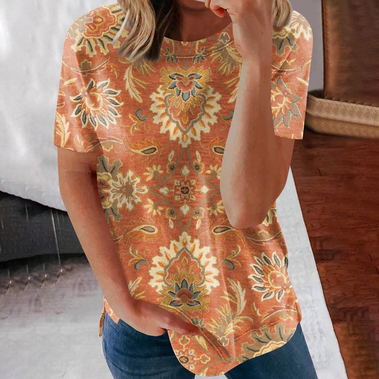 Women s Printed Short Sleeve Round Neck Retro Short Sleeve Summer Loose Tops Tops Women s Summer T-Shirts XXL оранжевый