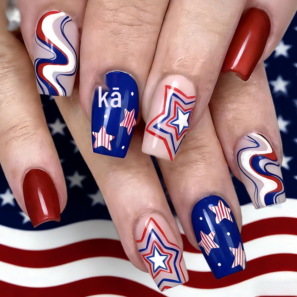 Patriotic Wearable Nails: Red, White & Blue Stars and Stripes Glossy Nail Art Set (24 Removable False Nails)