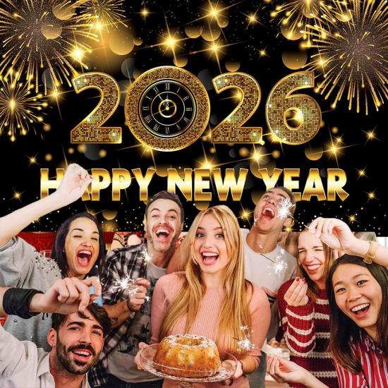 Happy New Year Backdrop, 72 x 44 Inch Large Happy New Year Banner 2026 Black Gold Background Banners for New Years Decorations 2026