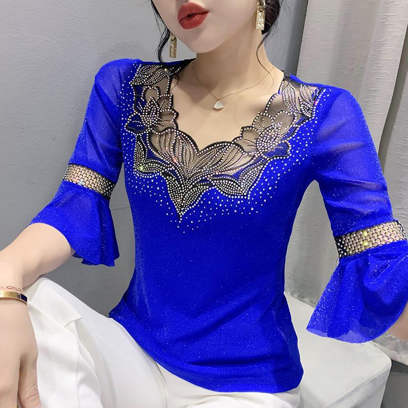 Women Summer Korean Clothes Patchwork Shiny Diamonds Tops Half Flare Sleeve Slim Street Tees