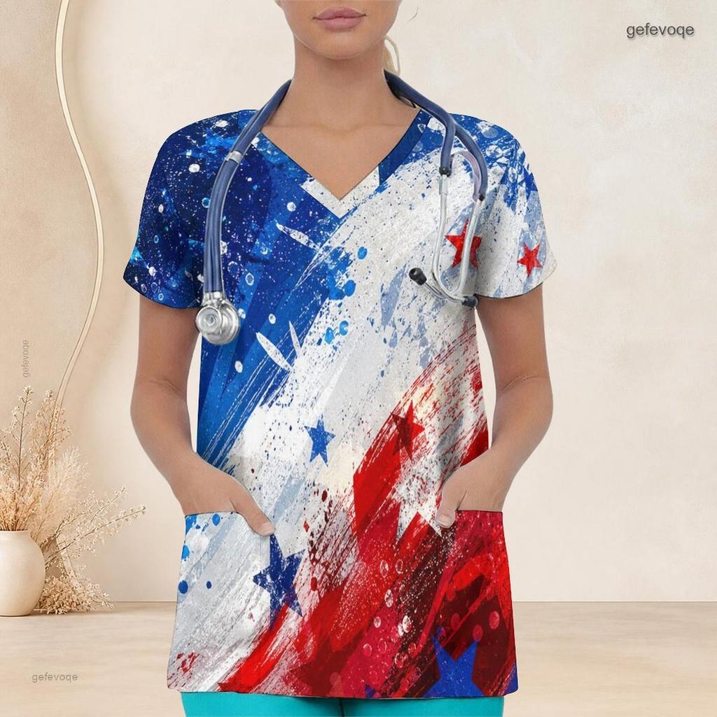 Women Plus Size Red Blue White Star Printed Nurse Scrub Top V Neck Short Sleeve With Front Pockets