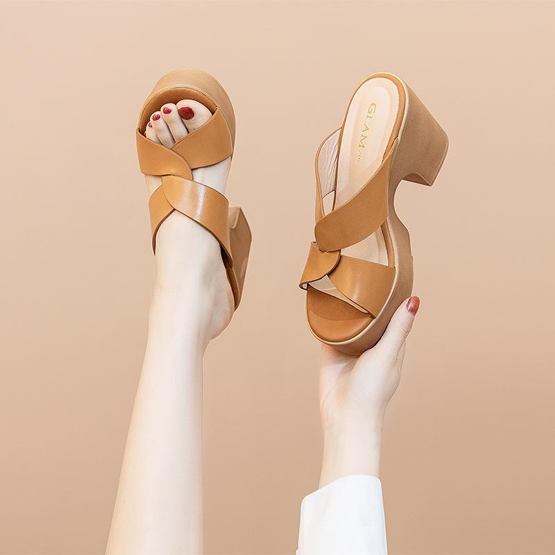 thick-heeled sandals women's summer leather retro high heels new thick-soled waterproof table large cross-strap shoes
