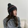 Fashion Knit Hat With Ear Flaps Tie Pom Pom Warm Winter Hat