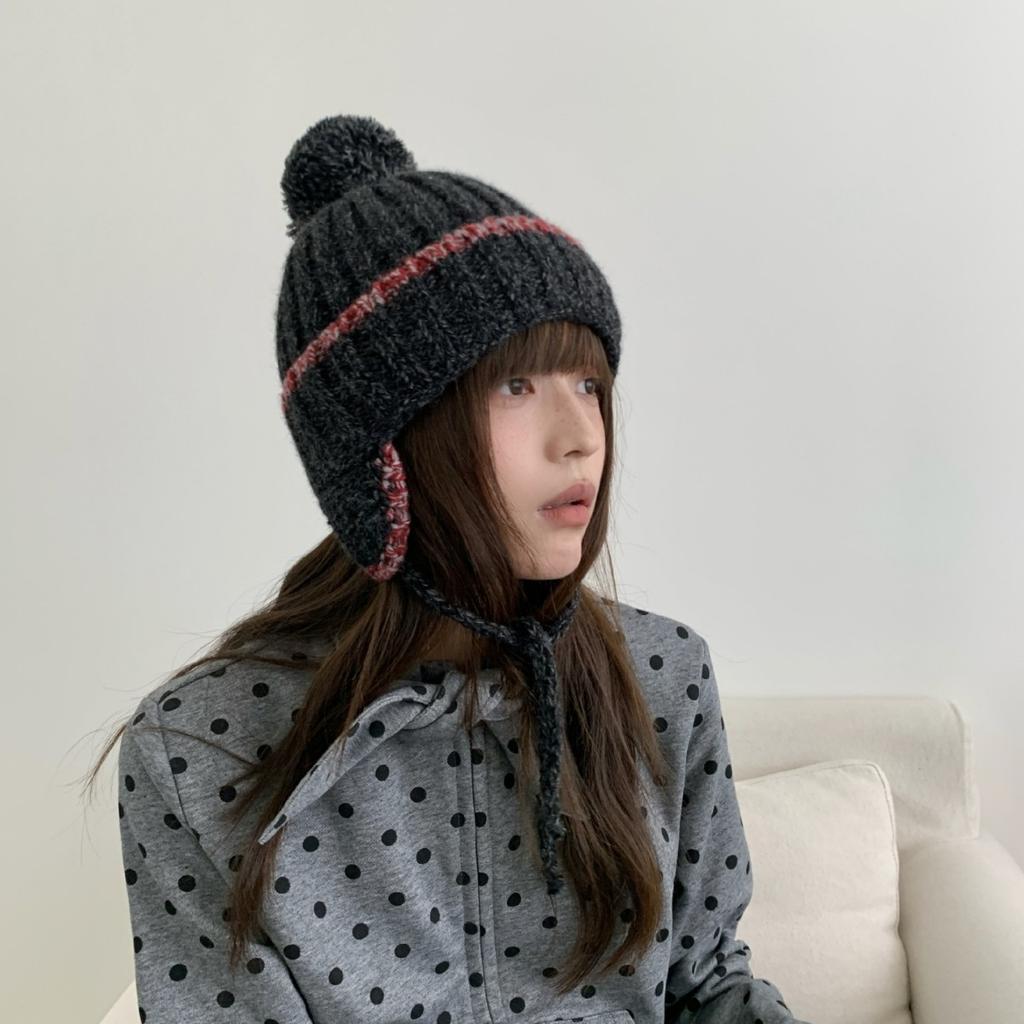 Fashion Knit Hat With Ear Flaps Tie Pom Pom Warm Winter Hat