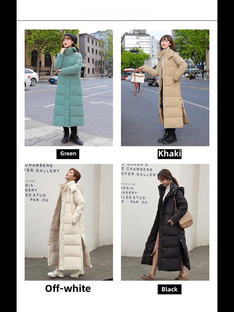 Women's Long Hooded Over-the-Knee Down Jacket - Thick, Warm, Slim Fit Winter Coat, Solid Color, Trendy Casual Style