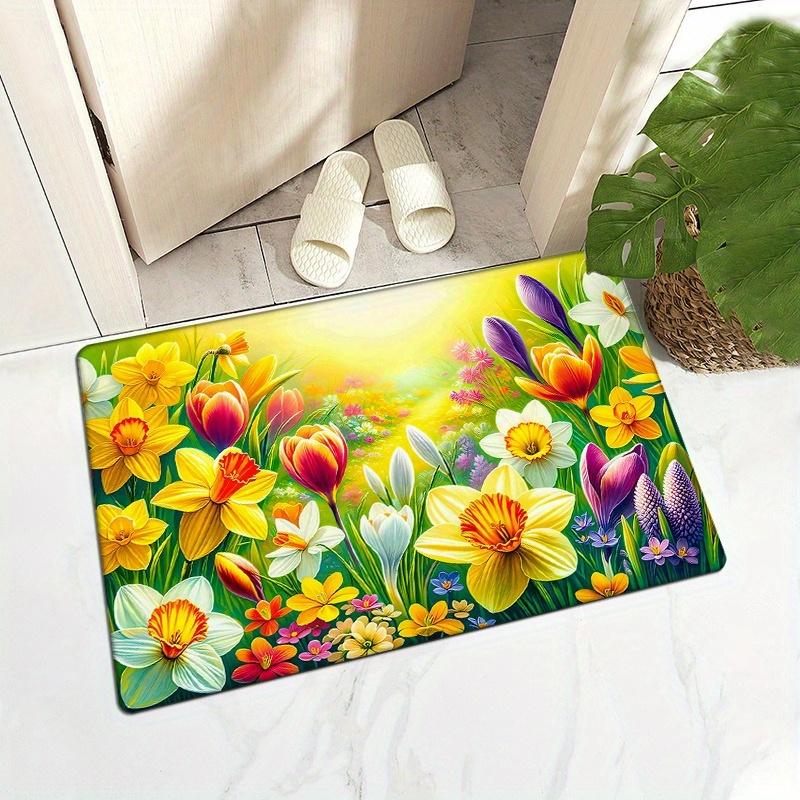 Yellow cartoon floral pattern Flannel-printed floor mats has a non-slip function is suitable entrances bathroom welcome carpets