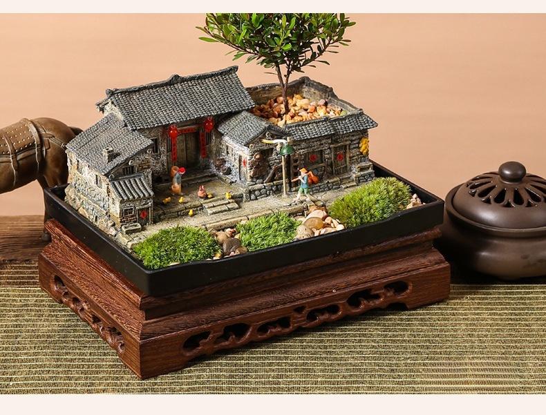 Retro Farmhouse Courtyard Miniature: Nostalgic Desktop Bonsai Decor for Living Room